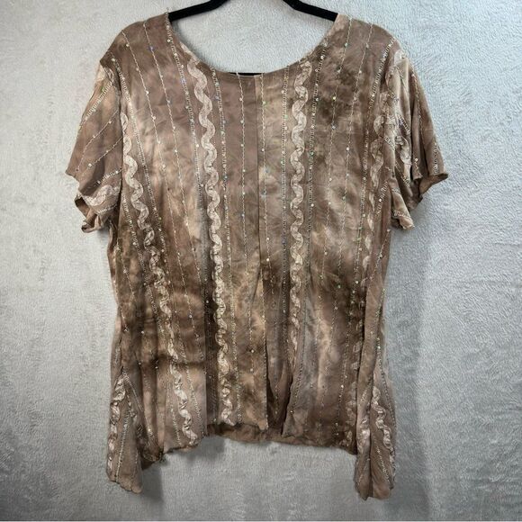Shannon Ford New York Womans Stretch Blouse Top Shirt Brown Sequin Accent XLP - Picture 7 of 7